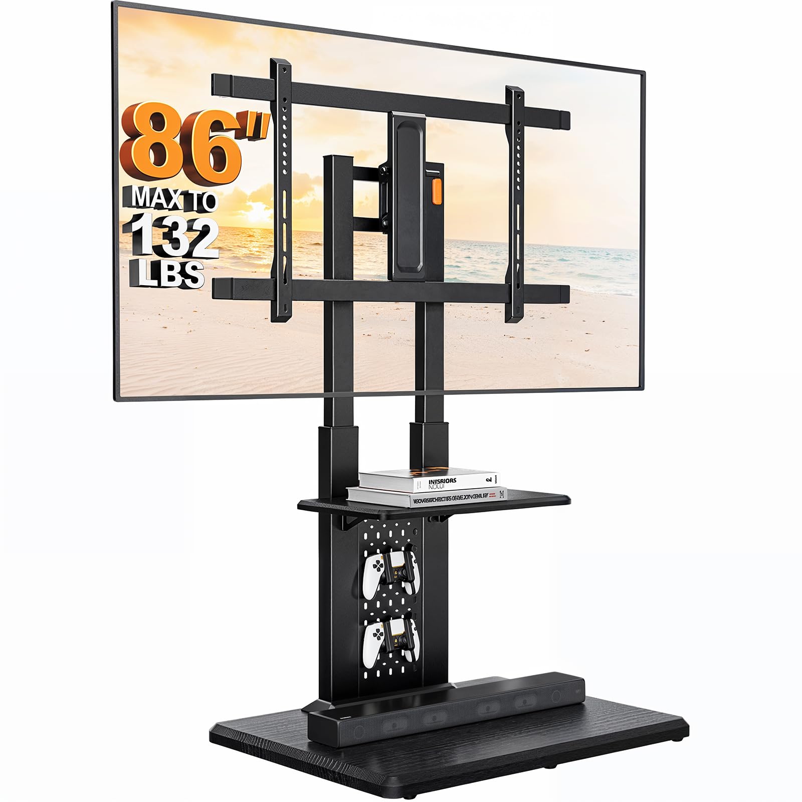 Perlegear Floor TV Stand with Mount for 32-86" TVs up to 132 lbs, Tall TV Stand with Pegboard and 6 Height Settings, TV Swivel Stand with Wooden Base, Max VESA 600x400mm PGFS13 Image
