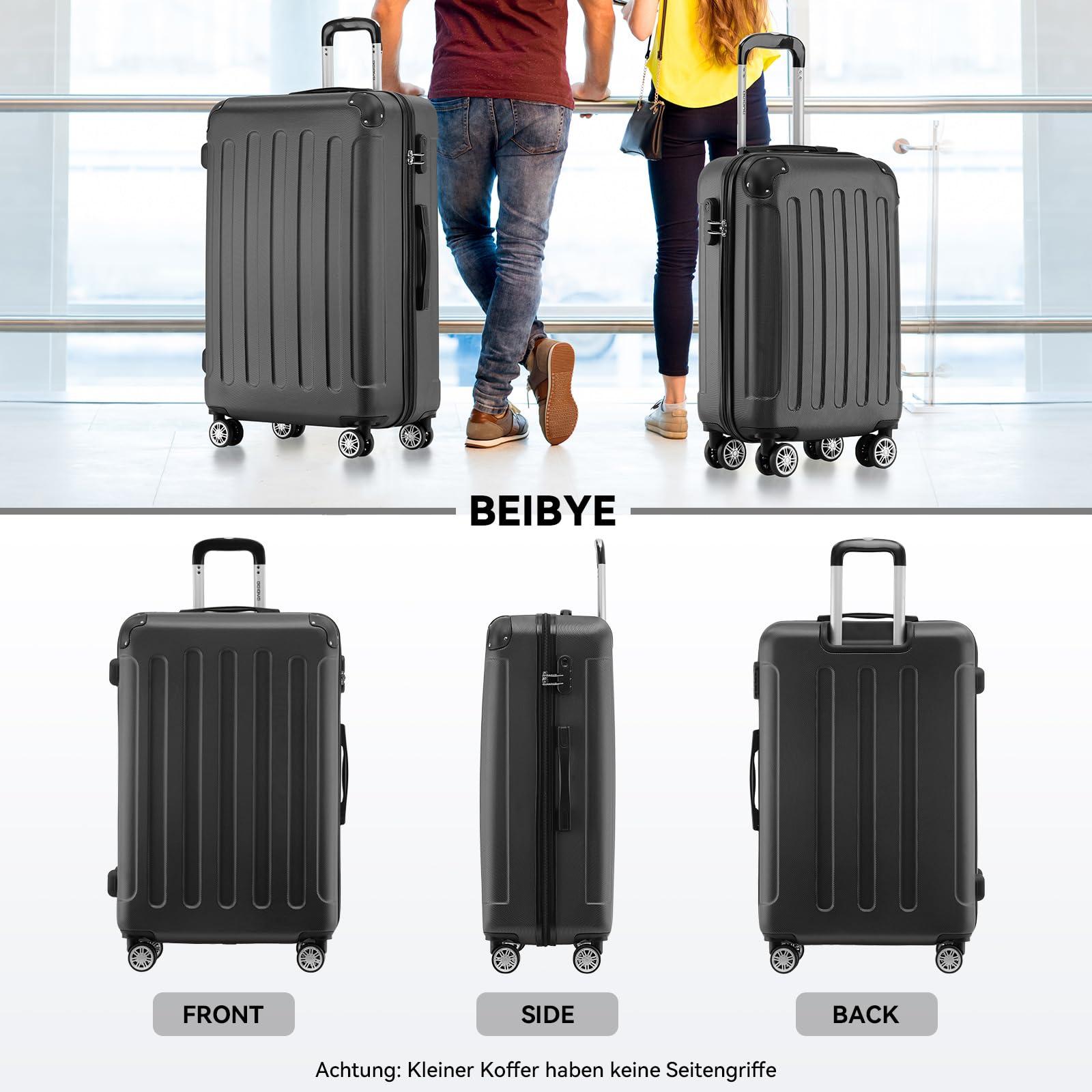 BEIBYE Handgepäck Koffer M 55 cm – Kabinenkoffer aus ABS, leicht, 360° Doppelrollen, Reisekoffer für Kurzreisen, Schwarz 2