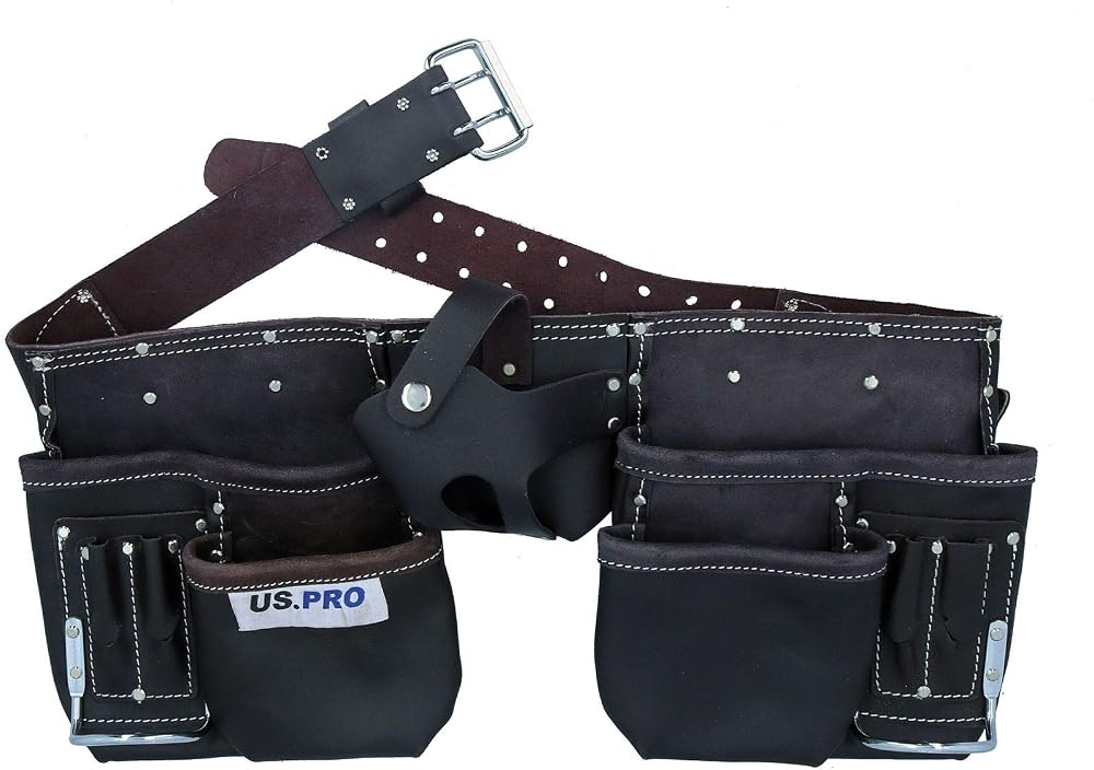 AB Tools Double Leather Tool Belt Roll Pouch Holder 11 Pockets Adjustable Buckle