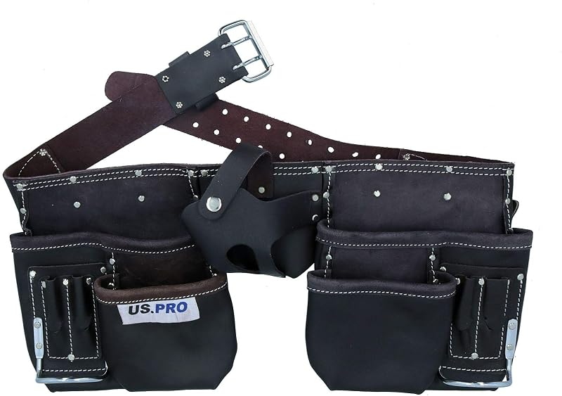 AB Tools Double Leather Tool Belt Roll Pouch Holder 11 Pockets Adjustable Buckle