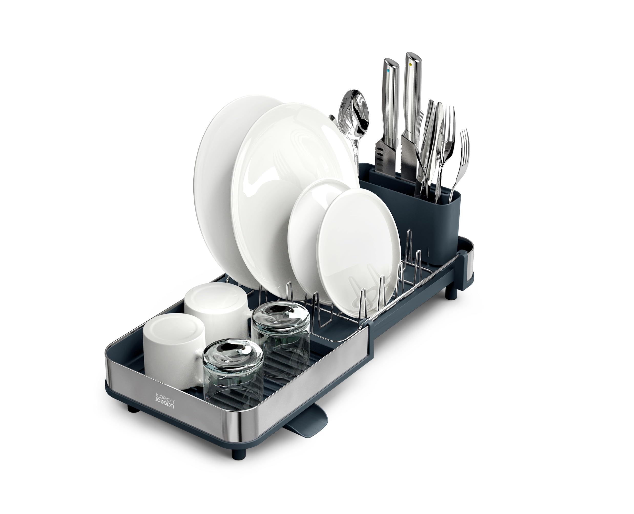 Joseph Joseph Extend Slim Steel Expandable Dish Drying Rack with Removable Cutlery Holder and Swivel Draining Spout, Compact Design, Grey Image Joseph Joseph Extend Slim Steel Expandable Dish Drying Rack with Removable Cutlery Holder and Swivel Draining Spout, Compact Design, Grey Image