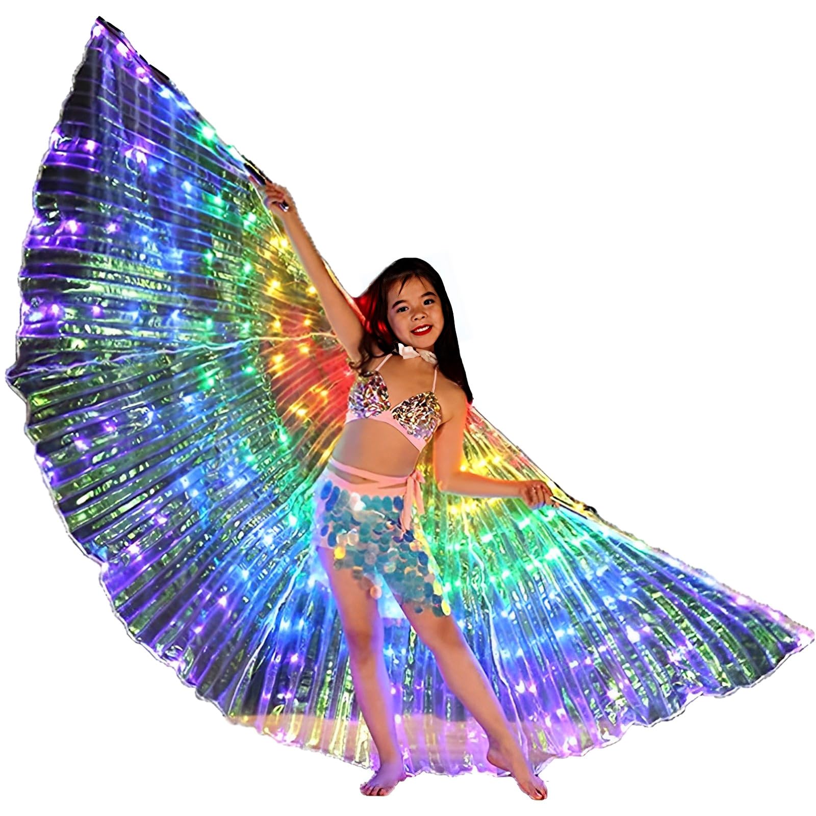 LED Isis Wings Belly Dance Wings, LED Light Up Butterfly Wings with Telescopic Sticks, Halloween Christmas Light Up Fairy Wings, Stage Rave Wear Performance Props for Adults Kids Party