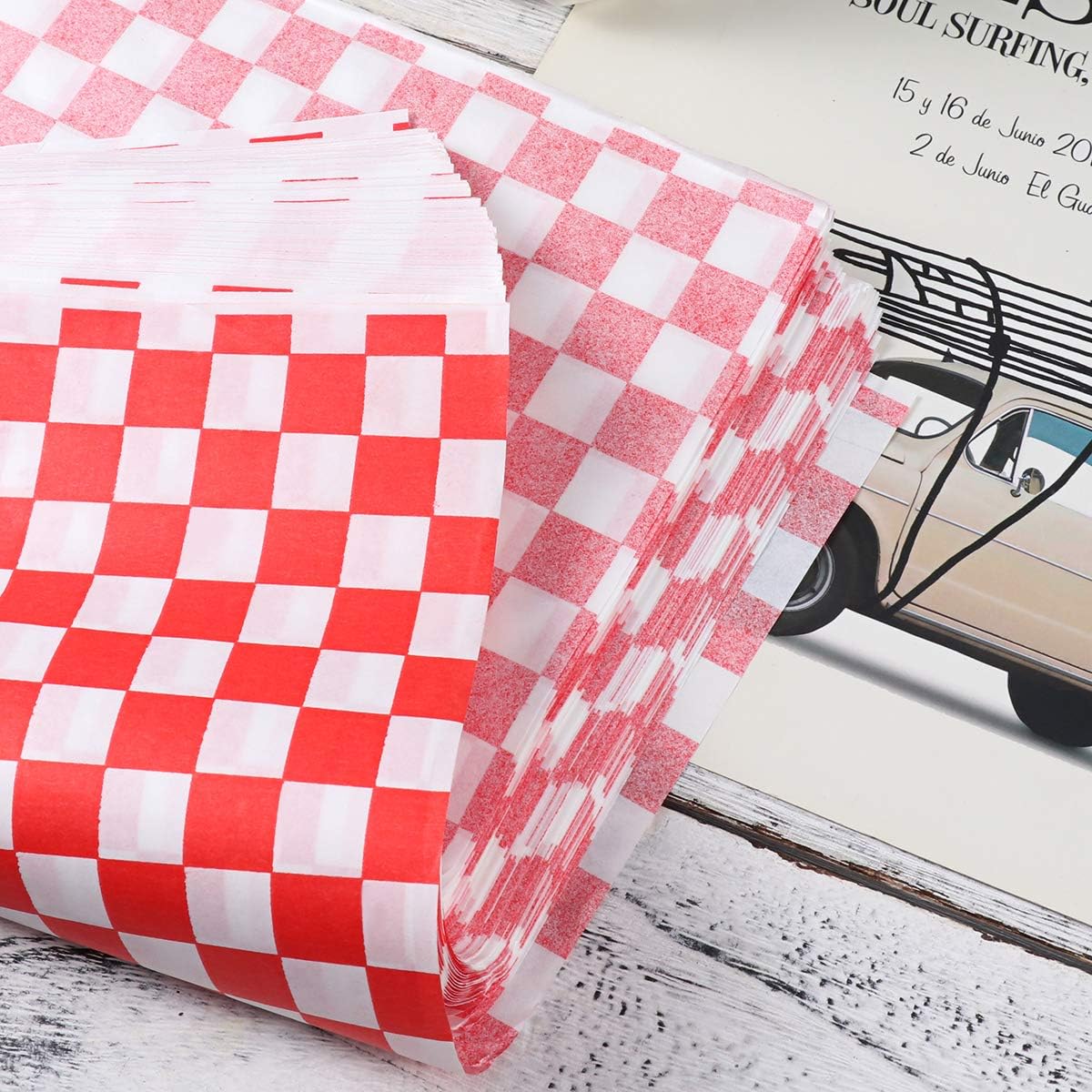 OUNONA - 100 Sheets Chequered Liner and Food Wrap Paper, Grease-Resistant, Wrap for Sandwiches and Hamburgers Red and White - Image 3