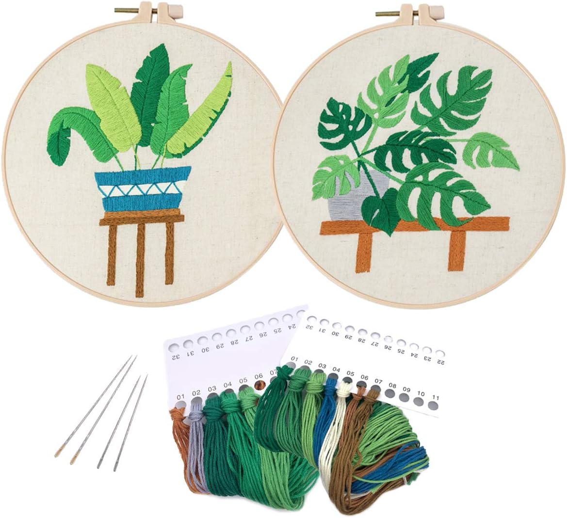 2 Pack Embroidery Starter Kit Including Embroidery Cloth with Pattern, Stab-Resistant Plastic Embroidery Hoop, Color Threads and Tools Kit(Kit1:Plantain Leaf，Monstera),Home Decoration,Special Gift