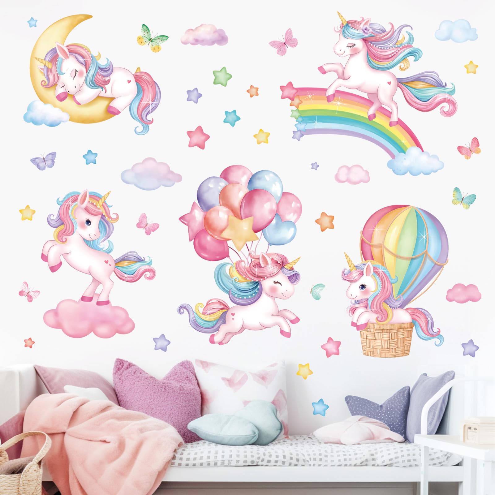 decalmile Sleeping Unicorn Rainbow Wall Decals Hot Air Balloon Moon Clouds Wall Stickers Baby Nursery Girls Bedroom Kids Room Wall Decor