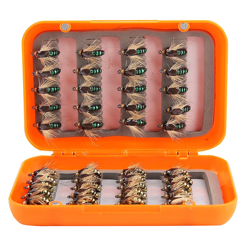 Demeras Lifelike Fly Fishing Box Fly Fishing Dry Flies Lure Hooks Fly Fishing Dry Flies Set Waterproof Fly Box for Fishing competition(Golden green mixed)