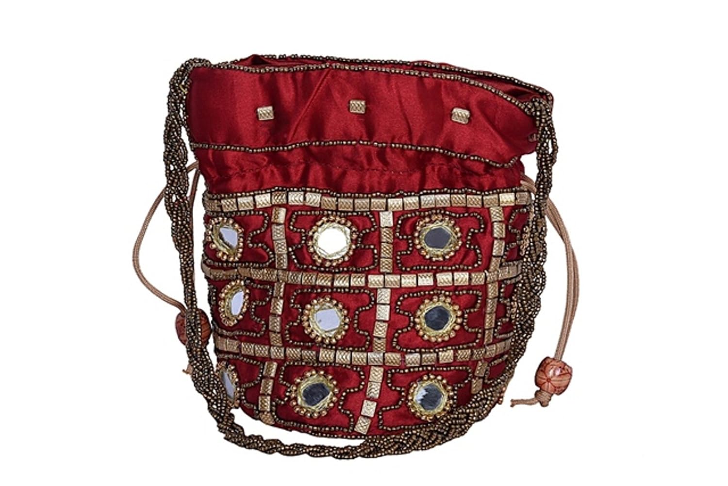 decot women's cotton embroidery design potli hand bag (dark red)
