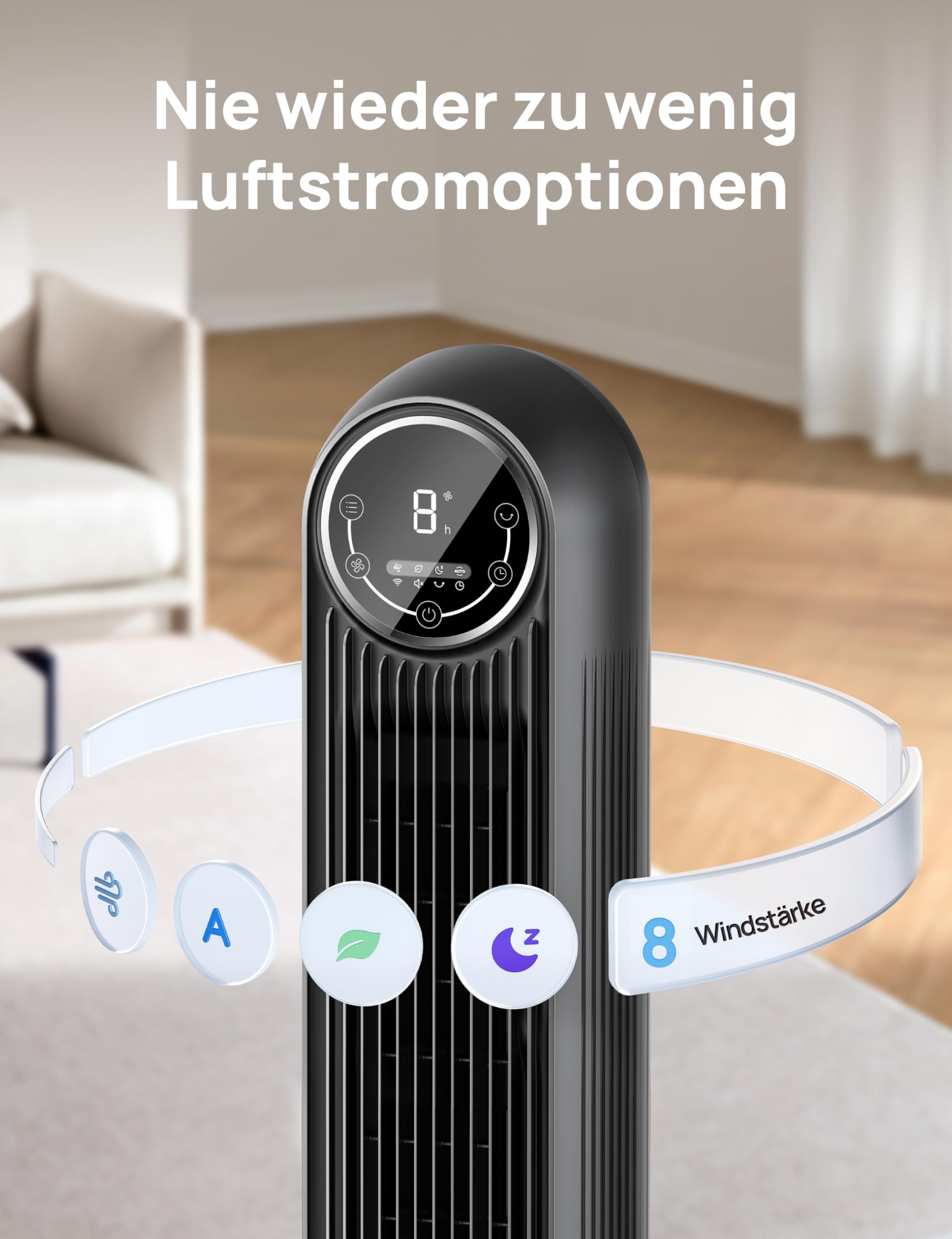 DREO Leiser Turmventilator, 10 m Wurfweite 4 Geschwindigstufen 4 Modi 8 Std. Timer 90° oszillierende Ventilator mit Kühlung Fernbedienung für Schlafzimmer,Turmventilator 307, Schwarz 7