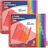 SUIN 8-Tab Insertable Binder Dividers with Double Pockets - Translucent Plastic Page Separators for 3 Ring Binder, Front &amp; Back Storage, Durable Poly, Letter Size, Rainbow Colors, 2-Pack