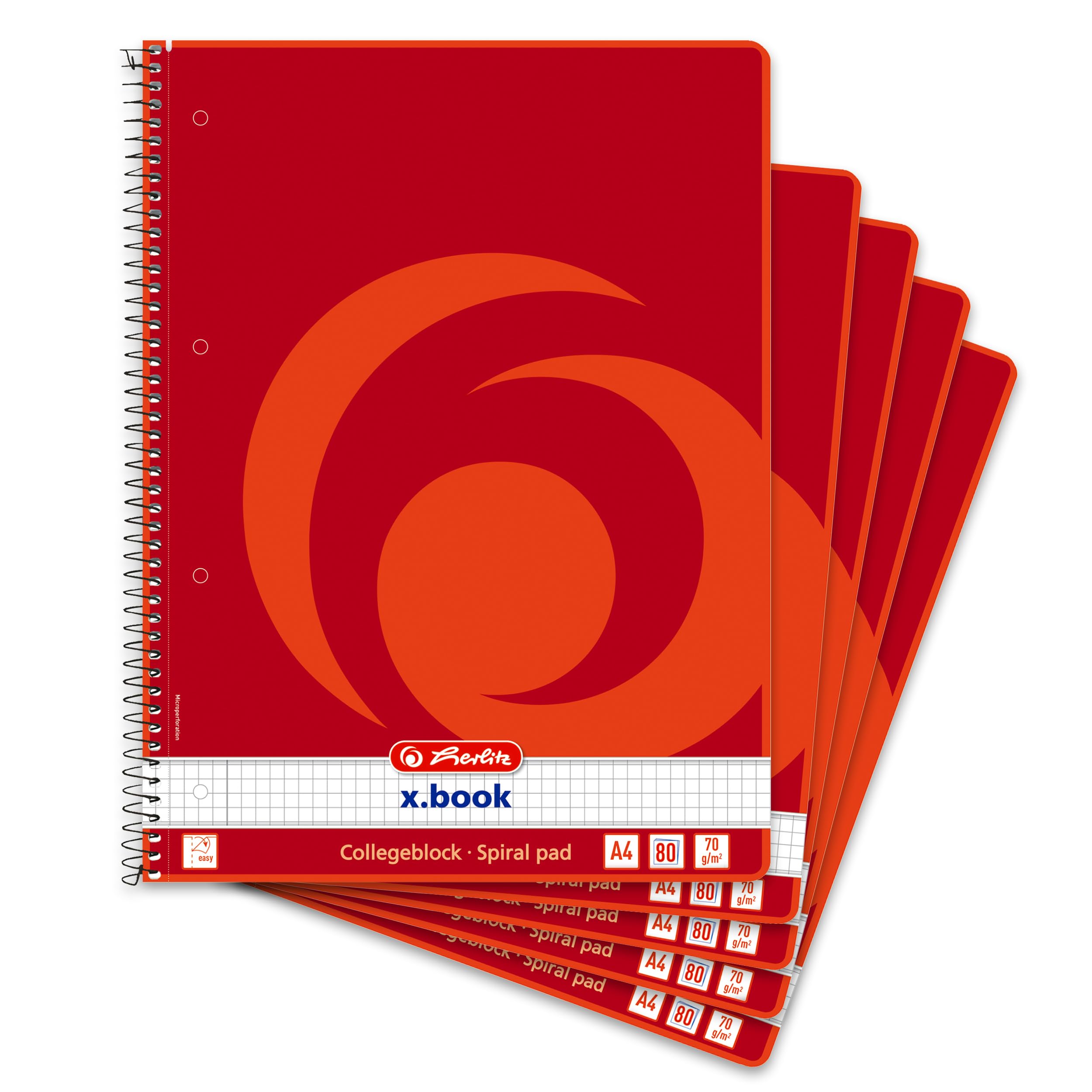 Herlitz A4 Notepad, 80 Sheets, Squared, with Left Margin, 70 GSM, Pack of 5, 10834117 Chequered