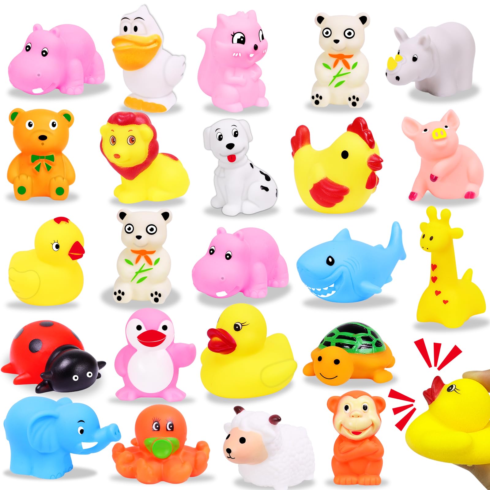 Photo 1 of 24 Pack Animal Squeeze Squeak Toys, Funny Rubber Ducks Bulk Set, Bath Toys Party Favors Classroom Prizes Stress Relief Sensory Toys for Toddlers Kids