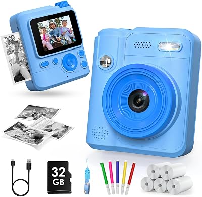 Gofunly Kids Camera Instant Print 2.0-Inch 32GB Card 5 Rolls Paper 3-12