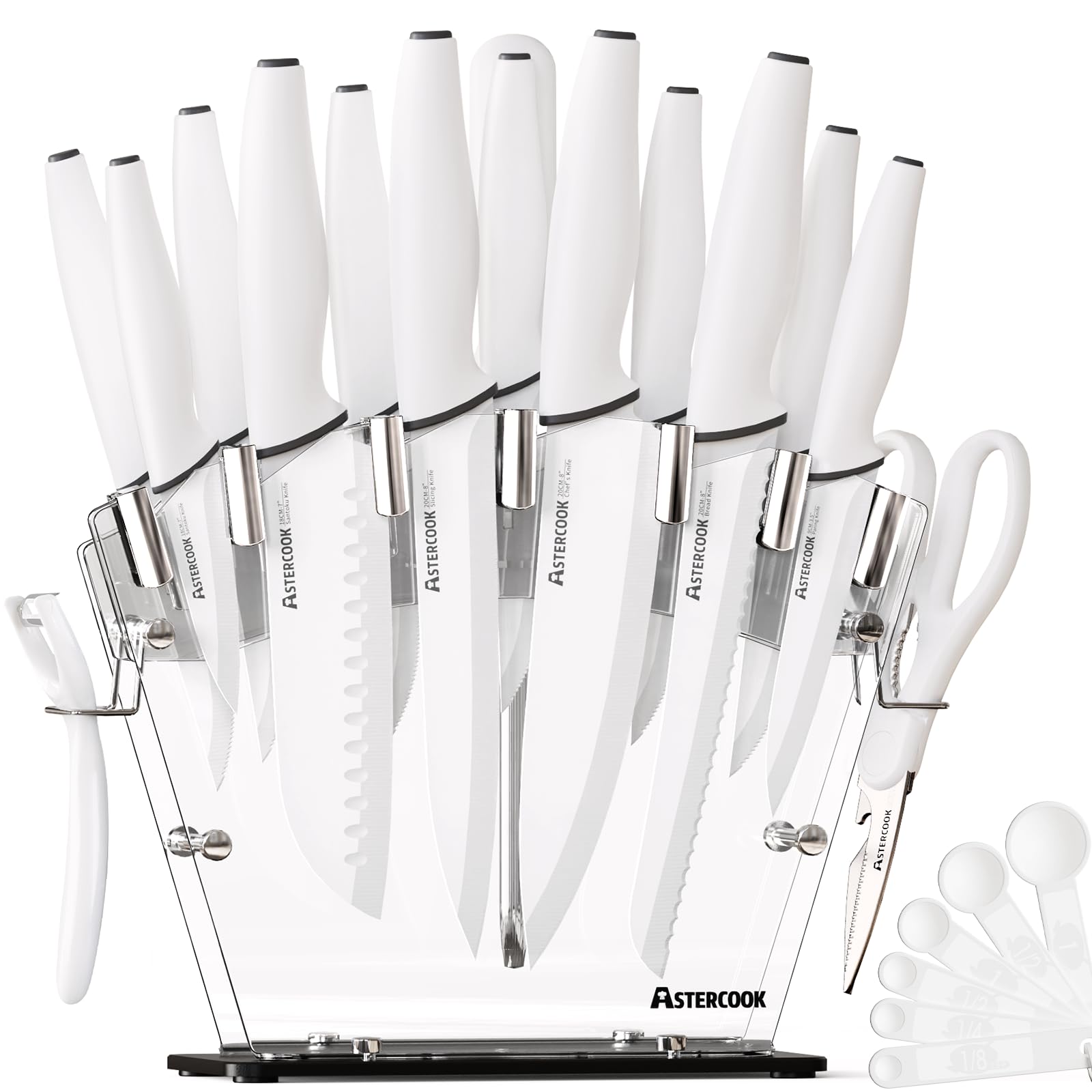 Astercook Knife Set with Block and Sharpener, 22 Piece Kitchen Knife Set Dishwasher Safe, Space-Saving Clear Knife Block with Knives for Everyday Home Cooking White Image