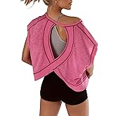 Fhniepan Open Back Tops for Women Oversized Short Sleeve Workout T Shirts Backless Y2k Athletic Crop Running Tees