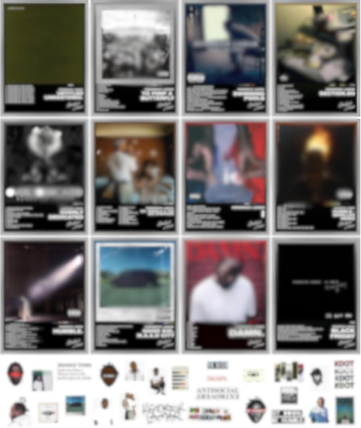 Wall Décor - Unique America 12 Pcs | Posters, Album Cover Posters, Music Posters, Album Covers For Wall Decor, Kendrick Lamar Poster, 12x16” Total 12 Kendrick Lamar Album Poster & 25 Stickers Black Design Unframed