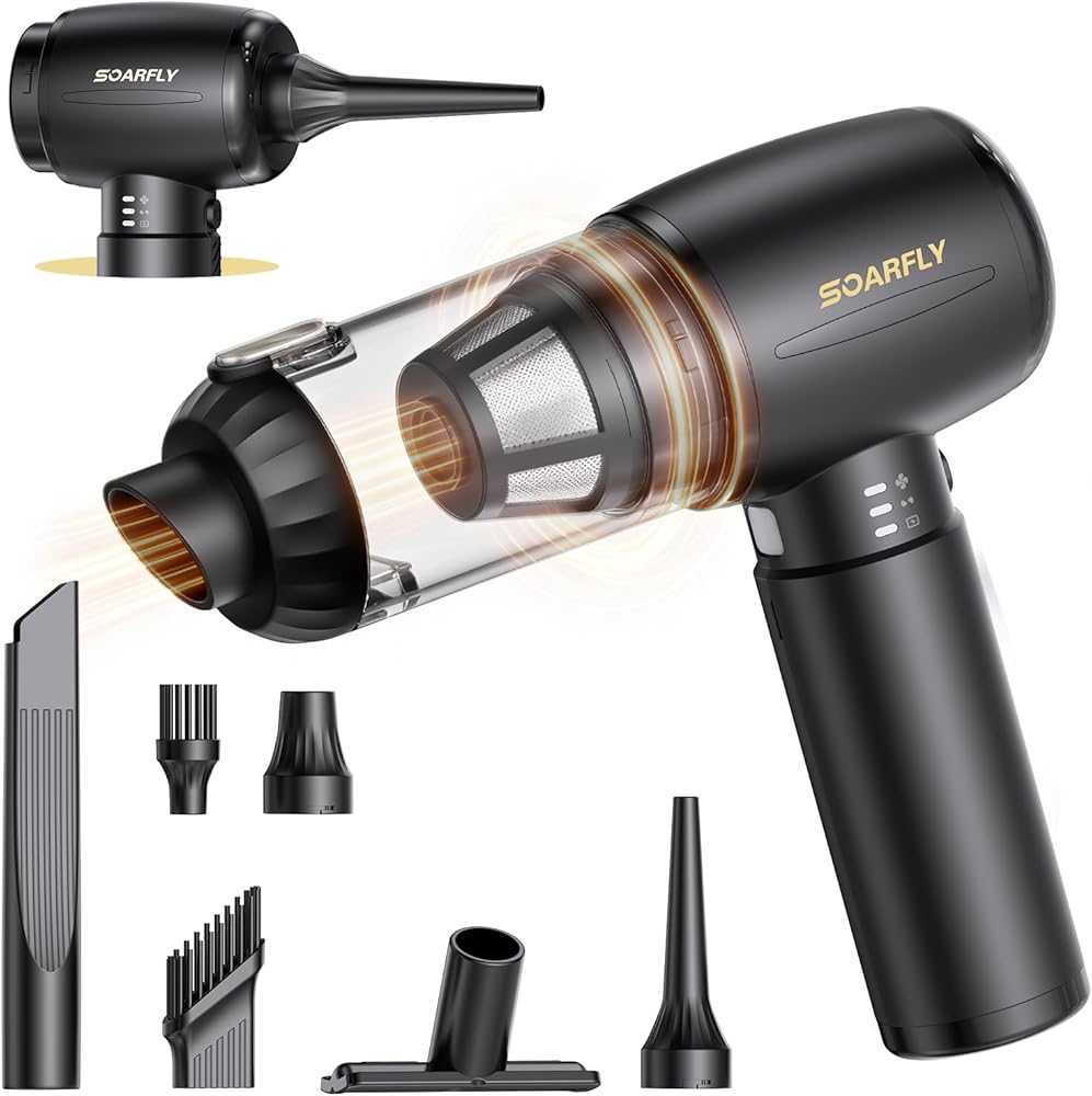 Car Vacuum Cleaner 25000PA Handheld Vacuum with LED, SOARFLY 4 in 1 Air Duster and Cordless Vacuum Cleaner Strong Cyclonic Su