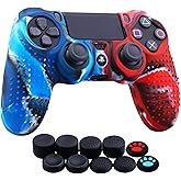 YoRHa Studded Dots Silicone Rubber Gel Customizing Cover for Sony PS4/slim/Pro Dualshock 4 Controller x 1(Camou Red&Blue) with Pro Thumb Grips x 10
