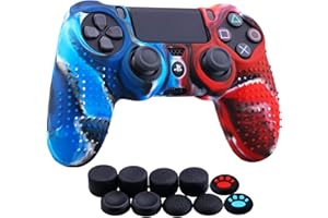 YoRHa Studded Dots Silicone Rubber Gel Customizing Cover for Sony PS4/slim/Pro Dualshock 4 Controller x 1(Camou Red&Blue) with Pro Thumb Grips x 10