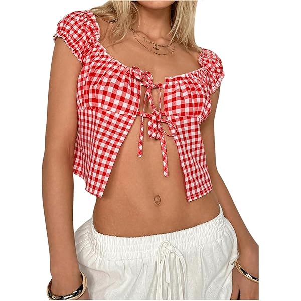 TYATVS Women's Red Gingham Top Y2K Tie Front Tops Bow Crop
