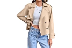 Women's Crop Double Breasted Trench Coat Notch Lapel Raglan Sleeve Work Cropped Jackets Outerwear With Pockets Fall