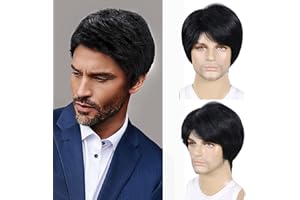 TOPHR Short Mens Wig Black 6 Inch Heat Resistant Synthetic Straight Men Wigs for Daily Costumes or Halloween Wear