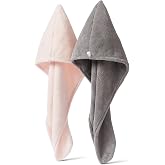 Amazon Basics Quick Dry Microfiber Hair Towel Wrap, Hair Drying Towel, Grey/Pink, 2-Pack