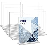 KOOLDE Acrylic Sign Holder 4x6 Inches 12 Pack T Shape Desktop Display Stand Vertical Double Sided Clear Table Menu Flyer Holder for Restaurants, Office, Shop, Wedding