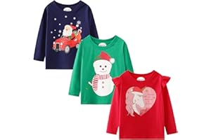 HILEELANG Girl Long Sleeve Shirts Christams Tops Tees Cotton Casual Stripe Crewneck Graphic Jersey Tunic T-Shirts 3 Packs Sets