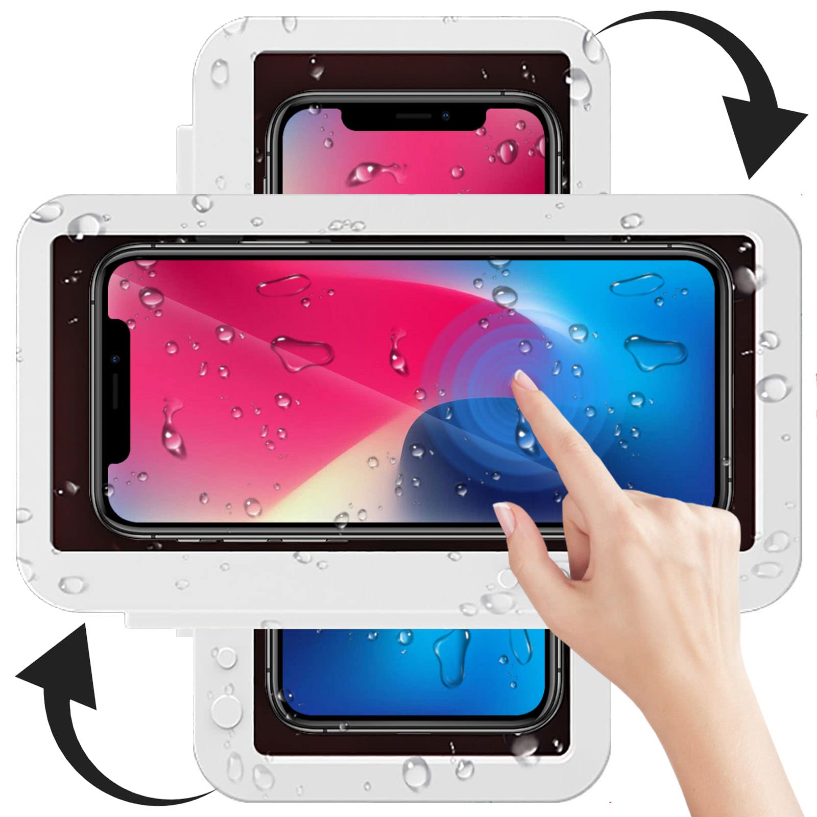 Shower Phone Holder Waterproof - Anti Fog High Sensitivity Touch Screen, 360°Rotation Wall Mount Shower Case for Phone for Bathroom Wall Mirror Bathtub Kitchen, Compatible with Under 7 Inch Phone