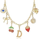 Initial Charm Necklace for Women, Evil Eye Four-Leaf Clover Sun Bow Cherry Strawberry Removable Charms Necklace Paper Clip Chain Choker, Trendy Jewelry Birthday Christmas Gifts for Her (Letter D )