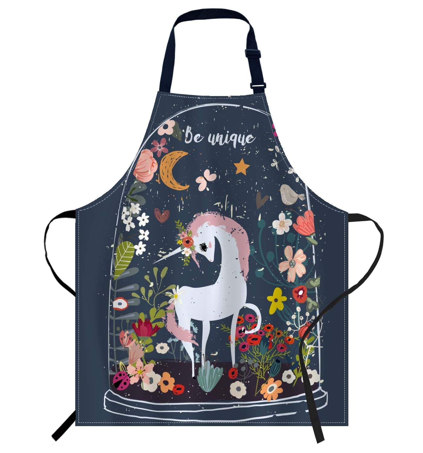 Smooffly Unicorn Floral Moon Apron,Adjustable Neck Bib Apron for Men Women,Suitable for Kitchen Cooking Waitress Chef Apron