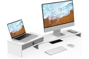 FENGE Dual Monitor Stand with Drawer Computer Monitor Stand Riser Adjustable Length and Angle, Wood Monitor Stands for 2 Moni