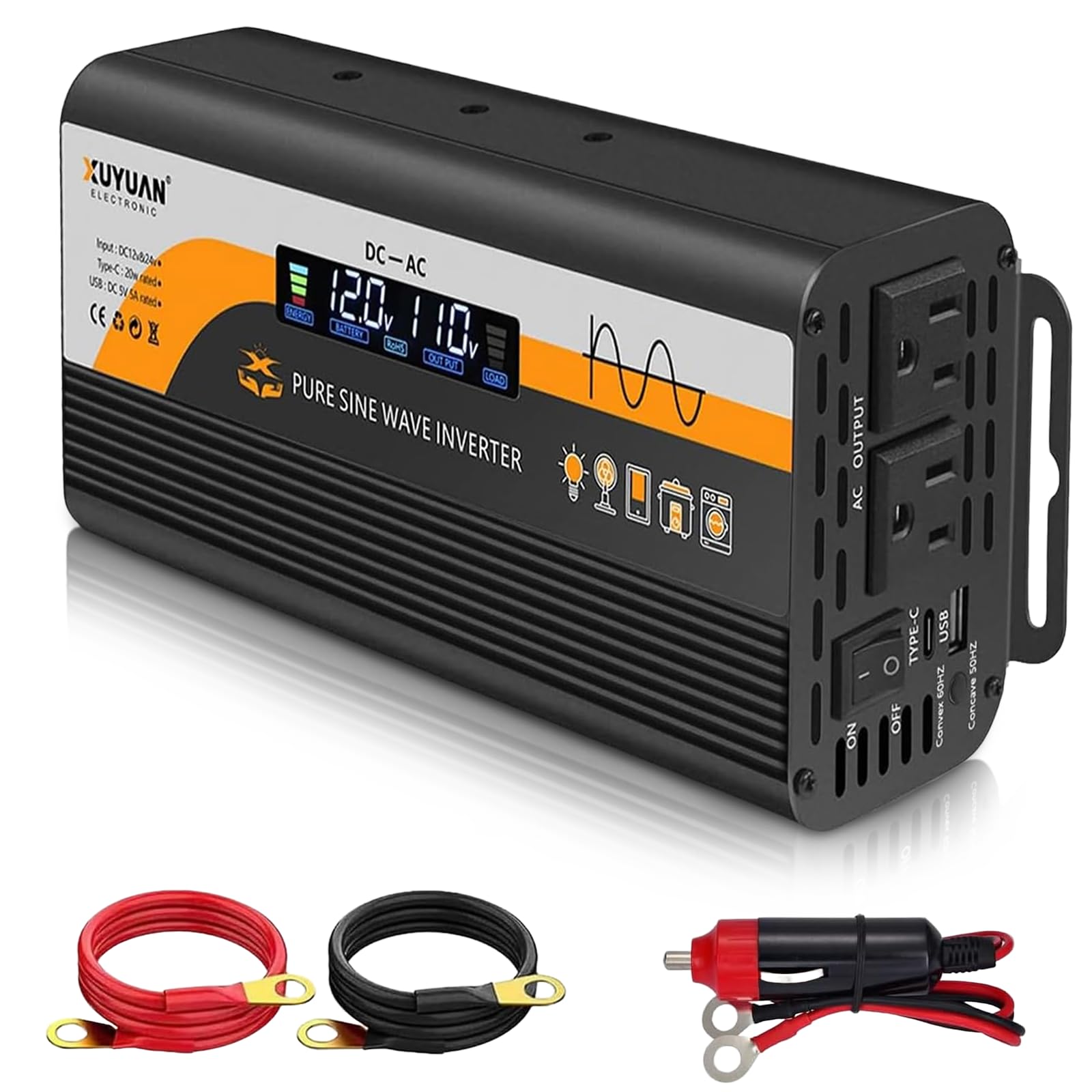 Photo 1 of 1000W Pure Sine Wave Inverter, 12V/24V Auto-Detect, 50Hz/60Hz Switchable, LCD Display, Type-C Fast Charging, Silent Design, Overload & Overheat Protection for RV, Home