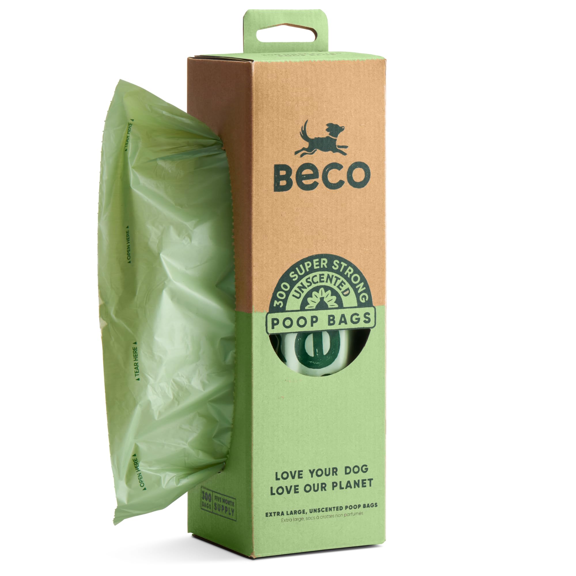 Beco Dog Poop Bags - Strong & Large - 300 Bags (XL Roll) Tissue Box Dispenser, Unscented, for Dog Waste