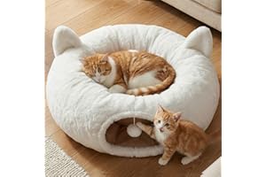OurWarm Cat Tunnel Bed for Indoor Cats, Soft Plush Round Peekaboo Cat Bed Cave with Washable Cushion, Under Cristmas Tree Cat