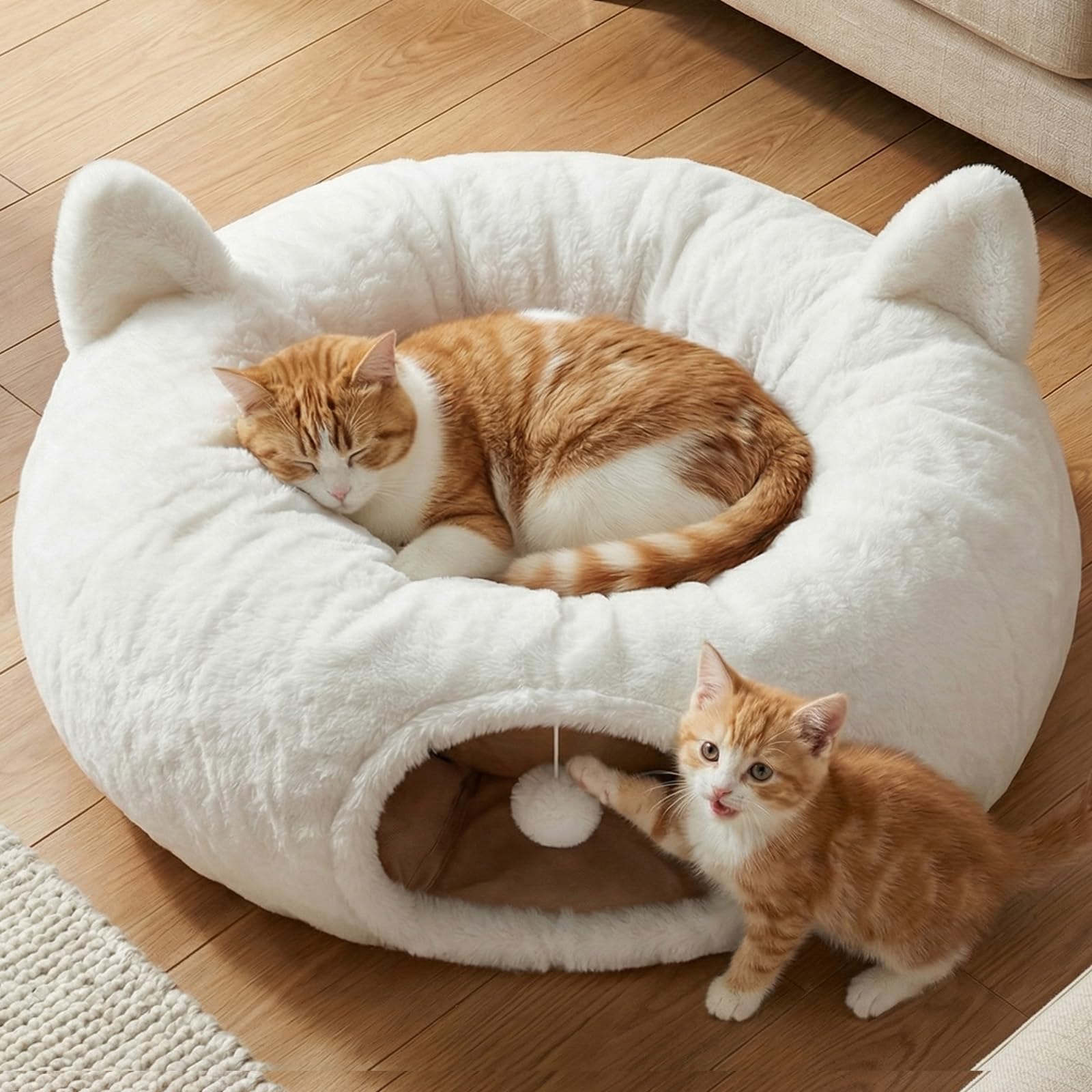 Photo 1 of OurWarm Cat Tunnel Bed for Indoor Cats, Soft Plush Round Peekaboo Cat Bed Cave with Washable Cushion, Under Cristmas Tree Cat Donut Tunnel Toys for Kitten Rabbit Puppy (White)