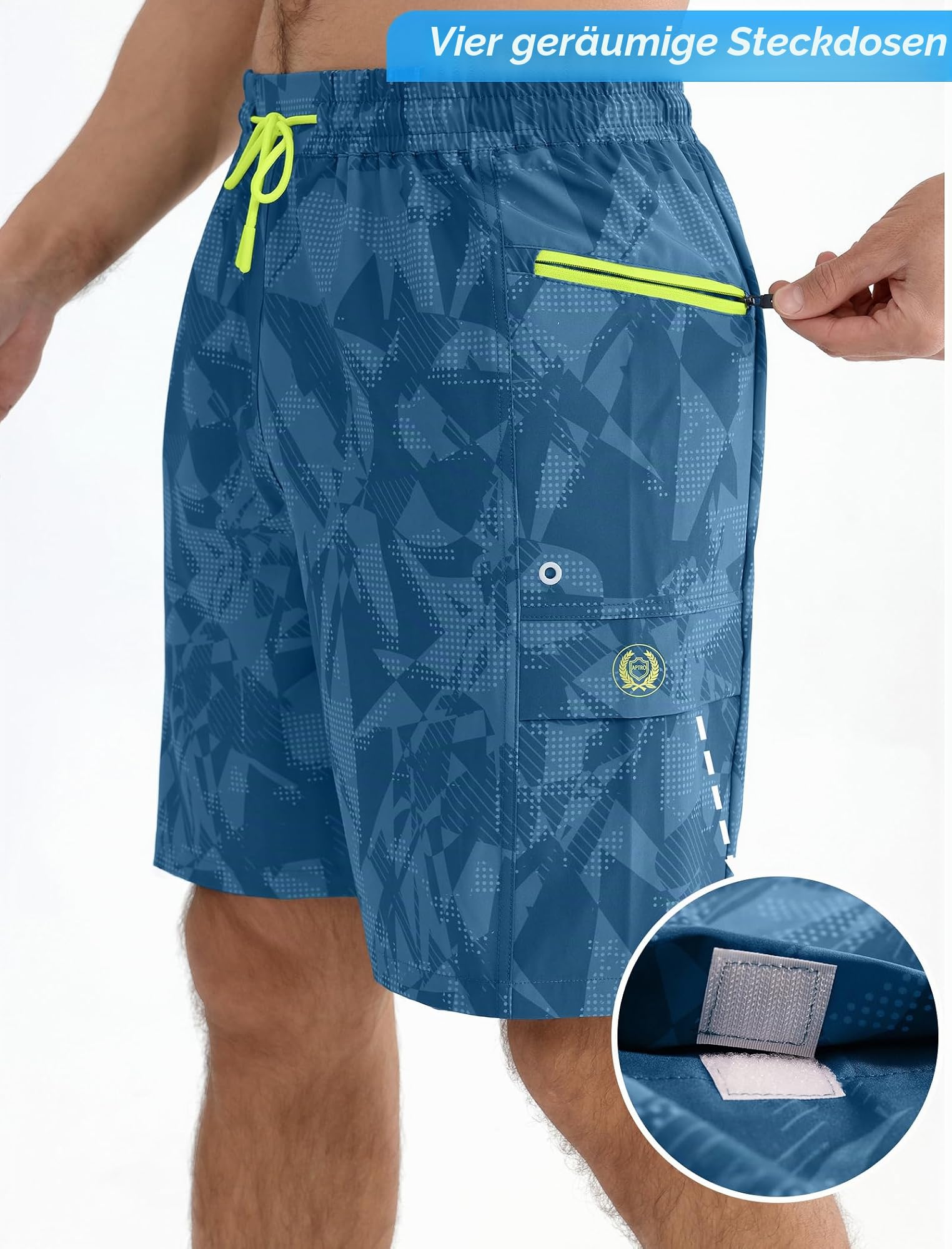 APTRO Badehose Herren ohne Futter Schnelltrocknend Lang Sporthose Badeshorts mit Reißverschlusstasche und Verstellbarem Tunnelzug Tiefblau Geometrie L 5