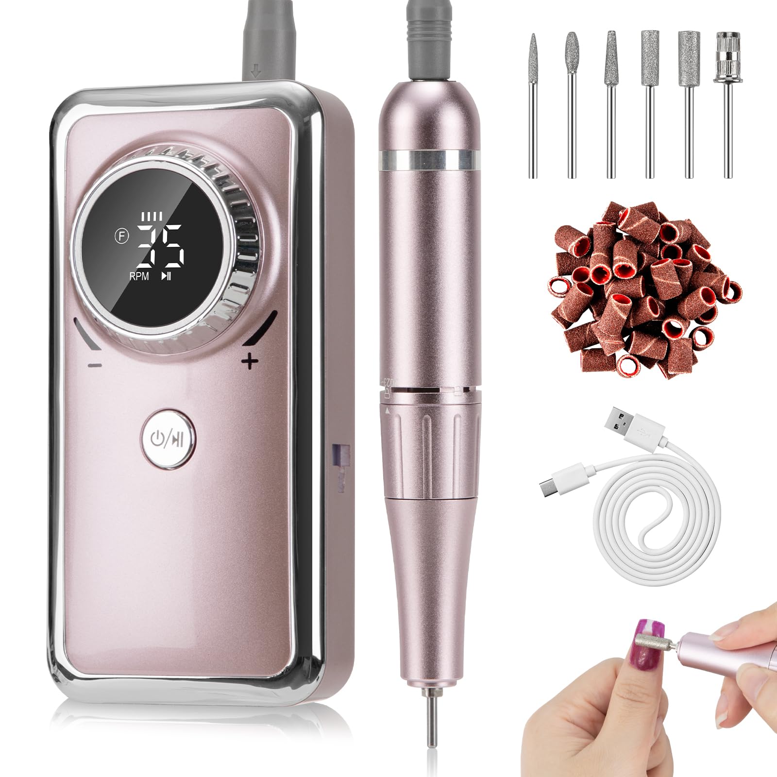 Madenia 充電式ネイルマシン 電動ネイルマシン プロ用 ビット付け ネイルマシーン アクリルネイル 35000RPM 高速回転 正逆回転 無階段変速 一時止め プロネイルマシン ネイルケア 初心者可 ネイルサロン 自宅用 ネイルビット＆サンディングバンド付け ピンク商品画像