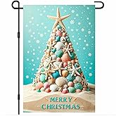 BlissYard Coastal Christmas Seashell Tree Garden Flag 12x18 Inch, Tropical Beach Starfish Holiday Yard Flag, Double Sided Winter Outdoor Decoration for Porch, Lawn, or Patio
