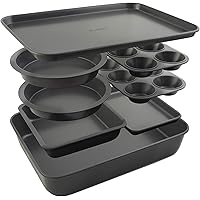 Elbee Home 8-Piece Nonstick Aluminized Steel, Space Saving Baking Set, With Deep Roasting Pan, Cookie Sheet, Cake Pans…