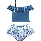 Mioglrie Girls Swimsuit 2 Piece Bikini Set Tiered Ruffled Bathing Suit Floral Print Adjustable Straps Girls' Swimwear