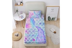 MUSOLEI Mermaid Tail Fitted Sheet Twin 3D Fantasy Bedding Set for Girls Kids and Teens 2Pcs 1 Deep Pocket Fitted Sheet Mermaid Sheets with 1 Pillowcases Microfiber (01, Twin)