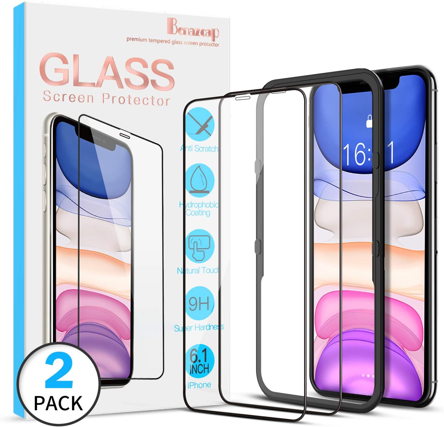Benazcap [2 Pack] Full Coverage iPhone 11 Screen Protector/iPhone XR