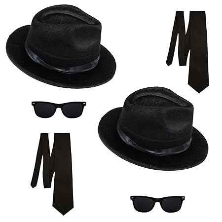 2 Blues Brothers Sets Hut und Brille + 2 Schlipse Kostüm Set Fasching