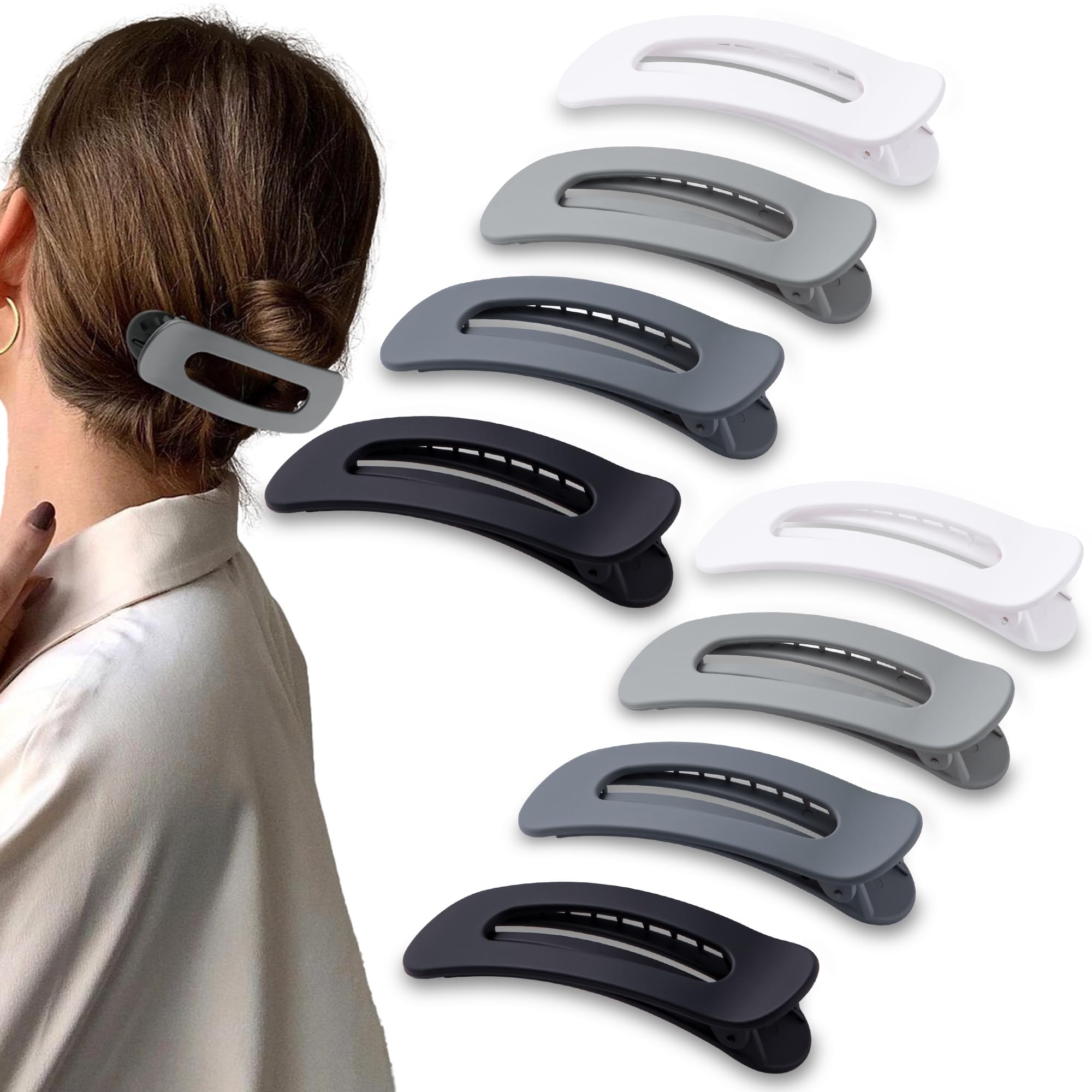 Photo 1 of Cptots 8 Pcs Large Lay Flat Claw Clips for Women French Side Slide Barrettes for Thin Fine Hair Rectangle Alligator Hair Accessories,Matte Black Gray White