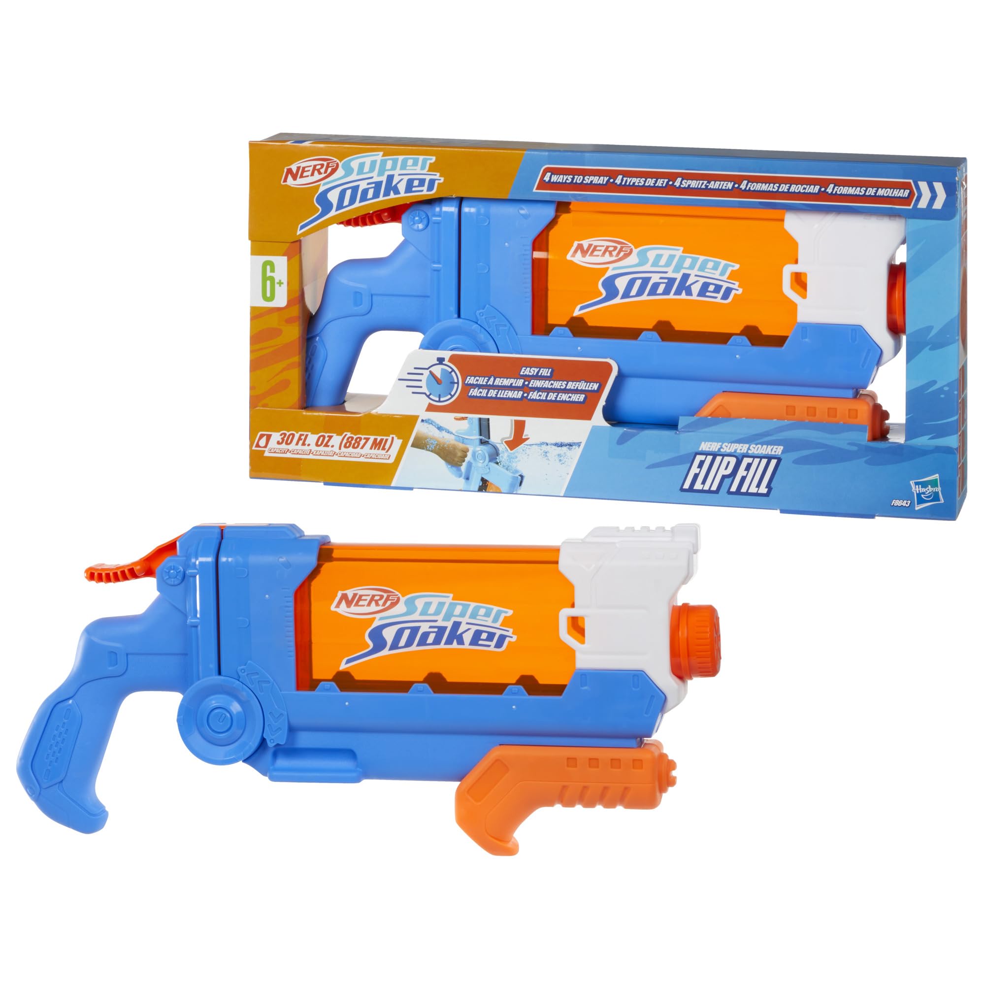 Nerf Super Soaker Flip Fill Water Blaster, 4 Spray Styles, Fast Fill, 30 Fluid Ounce Tank, Water Toys for 6 Year Old Boys & Girls & Up