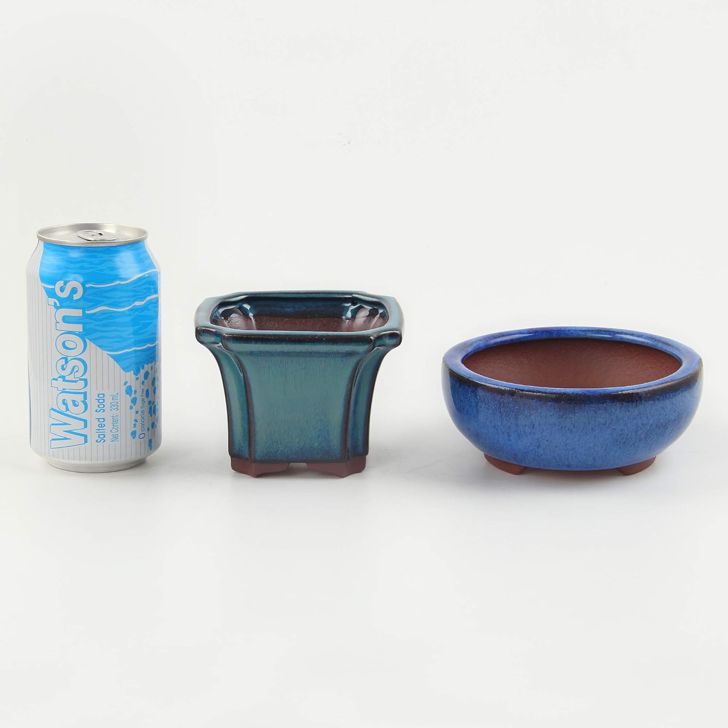 happy bonsai 4" Small Glazed Pots, Value Set of 2 + 4 Soft Mesh Drainage Screens, Blue - Image 3