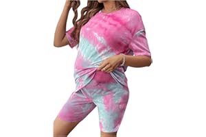 MakeMeChic Women's Maternity 2 Piece Outfit Tie Dye Pajamas Set Short Sleeve Tee Shirt and Biker Shorts Pregnancy Lounge Set