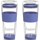 Tupkee Double Wall All Glass Tumbler - 14-Ounce, Reusable Insulated Tea/Coffee Mug & Lid, Hand Blown Glass Travel Mug - Jacaranda - 2 Pack