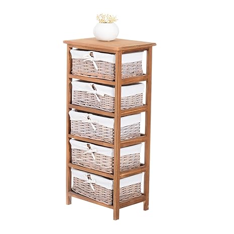 Homcom 5 Drawer Storage Unit Wooden Frame With Wicker Woven